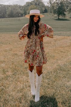 https://preetys.com Fashion Beauty'Glam Up Your Evenings: Top Trendy Date Night Party Wear Featuring Floral Prom Dresses 2024 Western Floral Dress, Country Western Outfits For Women Party, Fall Boutique Photoshoot, Floral Dress Cowboy Boots, Fall Dresses 2023, Western Dress Outfits, Layered Dress Outfit, Boho Western Dress, Western Hippie Fashion