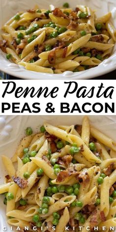 penne pasta with peas and bacon in a white bowl