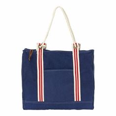 NEW! A rugged, coastal style tote perfect for hauling all your gear to the beach, boat, and beyond. The navy blue canvas with red striped trim is decidedly nautical and chic, and the grommets and leather trim add a refined touch. The natural rope handles are comfortable to carry, and the front pocket and interior zippered pocket keep your belongings safe and organized. 17" x 14". Pair with our Navy Striped Beach Towel on your next seaside getaway or with the Recycled Ocean Plastic Sunglasses to Cheap Red Beach Bag With Large Capacity, Cheap Blue Beach Bag With Double Handle, Cheap Blue Canvas Beach Bag, Cheap Striped Beach Bag, Blue Canvas Bag For Vacation, Cheap Large Capacity Red Beach Bag, Cheap Red Beach Bag, Affordable Navy Bags For Summer, Cheap Red Casual Beach Bag