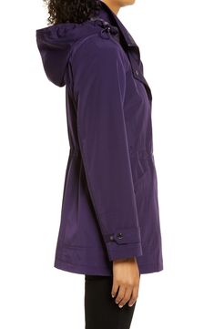 Add satiny sheen to your utility rainwear with this lined jacket featuring a removable hood, a fit-adjustable waist and flashes of silky lining at the collar. Style Name:Gallery Cinched Waist Hooded Raincoat. Style Number: 6119674. Hooded Parka For Rainy Weather, Hooded Raincoat With Double-lined Hood, Purple Shadow, Hooded Raincoat, Rain Wear, Cinched Waist, Stand Collar, Water Resistant, Nordstrom