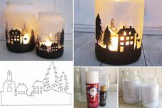 some jars with candles in them sitting on a table next to other pictures and drawings