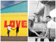 a couple holding hands in front of a wall with the word love painted on it