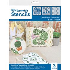 the sewing kit includes an embroidered pillow, potted plant and decorative wall hangings