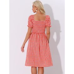 This Women's Smocked Dress combines the classic gingham plaid pattern with an on-trend square neckline, creating a stylish look that is perfect for casual outings or summer events. The smocked bodice of this dress provides a comfortable and stretchy fit, while the flowy skirt adds a flattering touch. It's designed to enhance your natural curves and provide all-day comfort. Midi Short Sleeve Dress, Smocked Dress, Flowy Skirt, Mini Wrap Dress, Plaid Dress, Dress Red, Plaid Pattern, Women's Dresses, Square Neck