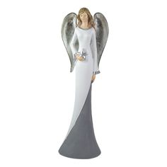 Add an angelic presence and bring soft serenity to your home with this gray and white tabletop Angel figurine. Her long flowing dress accents the color or of her wings and is a perfect accent to your home decor. She will make a great addition to your home or as a gift!       Features:  
Tabletop angel decoration  
She is holding a silver star  
Long gray and white dress  
Silver trim on her dress neckline and sleeves  
Long brown hair  
For indoor use only    Dimensions: 17"H x 5.5"W x 4.5"D  
M Long Flowing Dresses, Winged Angel, Angel Figure, Flowing Dress, Angel Decor, White Angel, White Table Top, Dress Silver, Silver Wings