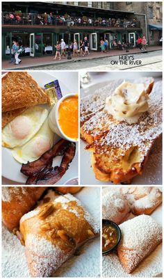 the collage shows different types of food and people walking on the street in front of them