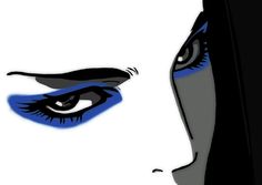 a woman's face with blue eyes and black hair is seen in this image