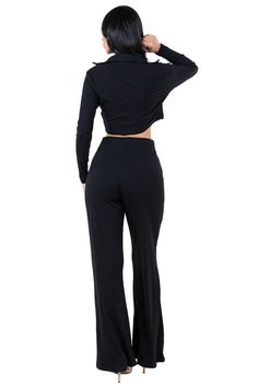 Sexy 2pcs set ,scoop neckline, long sleeves , elasticized waist bell bottoms pantsModel size small 5'7" 33-27-36 S:Top Bust 32,Top length 15, Pant length 42,Waist 24, Hip 36.M:Top Bust 34,Top length 15, Pant length 42,Waist 26, Hip 38.L:Top Bust 36,Top length 15, Pant length 43,Waist 28, Hip 40.XL:Top Bust 38,Top length 16, Pant length 43,Waist 31 ,Hip 42.2XL:Top Bust 42,Top length 17, Pant length 44,Waist 34 ,Hip 45.Made In: CHINAFabric Contents: 95% POLYESTER 5% SPANDEX Crop Top Pants Set, Crop Top Designs, Trendy Pants, Womens Fashion Jeans, Elegant Moments, Biker Shirts, Designer Jumpsuits, Two Piece Pants Set, Costume Collection