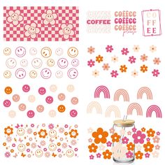 various patterns and designs for coffee cupcakes, buttons, flowers, rainbows