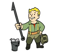 a man with a shovel and bag next to a trash can holding a large wrench