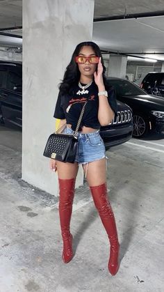 How To Pair Skirt With Top, Rock Bar Outfit, Black And White Baddie Outfits, Tall Baddie Outfits, Heel Boots Outfit Black Women, Shorts And Thigh High Boots Outfit, Valentine Day Outfits Black Women, Cute Club Outfits Black Women, Baddie Dinner Outfits