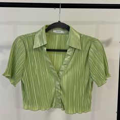 Lime Green Cropped Button Down Shirt, Stretchy And Silky Crinkle Fabric, Short Sleeves, Never Worn! Summer Crinkle Texture Button-up Tops, Summer Button-up Blouse With Crinkle Texture, Spring Green Tops With Crinkle Texture, Green Crinkle Texture Tops For Spring, Green Crinkle Texture Top For Spring, Fresh Makeup Look, Cropped Button Down, Crinkle Fabric, Bright Spring