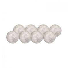 six silver metallic balls on a white background