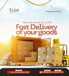 an advertisement for fast delivery of goods with boxes and forklifts in the foreground