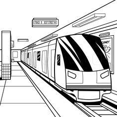 a black and white drawing of a train coming down the tracks at an underground station