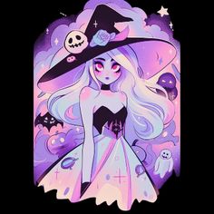 a girl wearing a witches hat with skulls on her head and stars in the background