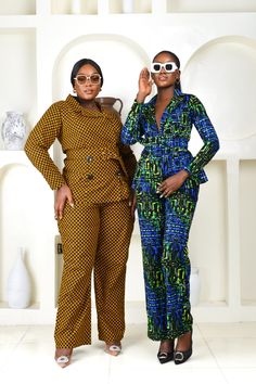 The Yinka African Print pantsuit is sure to turn heads and make you feel like the smart money woman that you are. This pantsuit has a stunning tailored design with double lapel and a chic buckled belt along with that gorgeous print and pattern, exuding an air of elegance and sophistication. Style her with heels, a cute purse and accessories and you are good to go! JACKET Double lapel Pocket details Matching detachable buckled belt Full length Long sleeved Fully lined Length 27" 100% cotton PANTS Smart Money Woman, Eclectic Style Clothing, Money Woman, Print And Pattern, 2piece Outfits, Application Icon, Coat Suit, Types Of Lace, Cute Purse