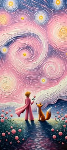 a painting of a person and a fox in the night sky with stars above them