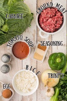 ingredients to make ground beef soup laid out on a white wooden table with text above it