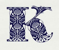 the letter k is made up of flowers and leaves in blue on a white background