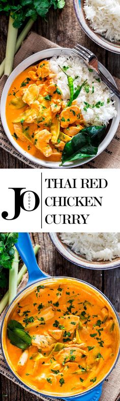 thai red chicken curry with white rice and broccoli