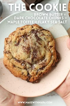 a person holding a chocolate chip cookie on a plate