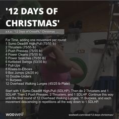 the twelve days of christmas workout plan is shown in black and white with an image of a