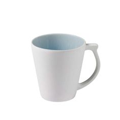 a white coffee cup with a blue rim on a white background, in the shape of a mug