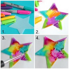 four pictures showing how to make paper stars with colored crayons and marker pens