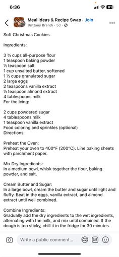 the recipe for christmas cookies is shown on an iphone screen, and it appears to be in