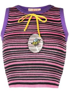 pink/black cashmere-silk blend horizontal stripe print bow detailing logo print to the front knitted construction round neck sleeveless Athleisure Tops, Knitted Tops, Knitted Top, Celebrity Outfits, College Outfits, Striped Knit, Colorful Fashion, Pink Tops, Stripe Print