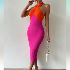 Fabric Type: 93% Polyester,7% Elastane Closure Type: Pull On Neck Style: Halter Neck About This Item Features: Deep V Neck, Cut Out, Split Side, Backless Fabric Has No Stretch,But It's Soft And Comfortable Occasion: Weekend Casual, Office Wear, Holidays, Party Or Daily Life Trendy Pink Midi Dress For Beach, Trendy Pink Midi Beach Dress, Trendy Pink Beach Midi Dress, Pink Stretch Midi Dress For The Beach, Sleeveless Color Block Dress For Night Out, Pink Halter Neck Bodycon Dress For Party, Elegant Pink Halter Neck Bodycon Dress, Trendy Pink Bodycon Dress For Party, Chic Pink Summer Bodycon Dress