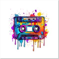 an old school cassette with paint splatters on it and dripping from the side