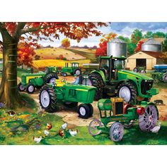 a farm scene with tractors and chickens