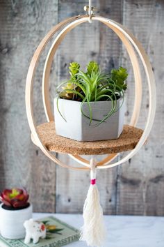 a potted plant sitting on top of a wooden stand with a white tassel hanging from it