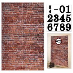 a brick wall with numbers on the side and an image of a door in the middle