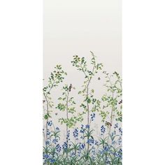 a painting of blue and green flowers with birds flying over them on a white wall