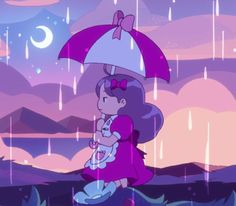 a cartoon girl holding an umbrella in the rain with mountains and clouds behind her on a rainy day