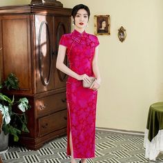 Qipao Details: Material: 19 mome mulberry silk (19 姆米重磅真絲) Mulberry silk is "the second skin of the human body", which feels soft, smooth, and thick. Thickness: Moderate thickness Elasticity: Nonelastic Feel: Drape, soft, comfortable, breathable Occasions: Events, meetings, and special occasions Size Chart:(Scroll to the side for full chart) The measurements in the size chart are based on clothes. Not your body measurements. So you will choose the size a little Larger (about 1") than your body s Formal Fitted Pink Cheongsam, Pink Fitted Cheongsam With Short Sleeves, Black Cheongsam, Qipao Pattern, Qipao Wedding, Red Qipao, Modern Qipao, Chinese Cheongsam, Qipao Dress