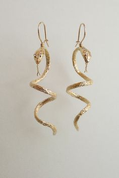 Ophidian Earrings – Rackk & Ruin Elegant Yellow Gold Snake Earrings, Handmade Elegant Snake Earrings, Elegant Handmade Snake Earrings, Elegant Snake Shape Earrings With Ear Wire, Elegant Snake-shaped Single Earring, Elegant Single Snake-shaped Earring, Elegant Spiral Hand Wrapped Jewelry, Snake-shaped Yellow Gold Earrings For Gift, Elegant Hand Forged Spiral Jewelry