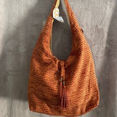 Rust Striped Chenille Happy Hobo Zippered Closure Inside Pocket New With Tags Fun Bag! Casual Orange Bucket Bag, Casual Orange Shoulder Bucket Bag, Trendy Orange Hobo Tote Bag, Casual Hobo Shoulder Bag With Leather Handles, Casual Orange Hobo Shoulder Bag, Casual Orange Hobo Bag For Daily Use, Trendy Woven Hobo Shoulder Bag, Casual Woven Bags For Fall, Bohemian Everyday Bags For Fall