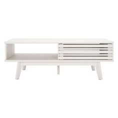 a white coffee table with two shelves on one side and three drawers on the other