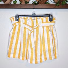 Striped Linen, Boho, Paperbag Shorts, With Pockets Chic Yellow Shorts For Vacation, Chic Yellow Shorts With Pockets, High-waisted Yellow Shorts For Beach, Yellow Bottoms With Built-in Shorts For Summer, Chic Yellow Shorts With Built-in Lining, High-waisted Yellow Shorts With Elastic Waistband, Yellow Beach Shorts With Built-in Lining, Marigold Yellow, Yellow Cream