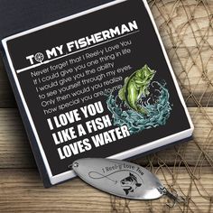 i love you like a fish loves water magnet with fishing hook on wooden table top