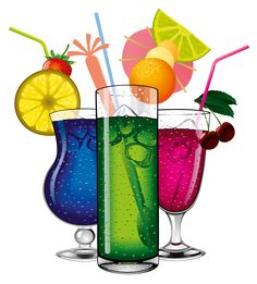 three different colored drinks in glasses with straws and garnishes