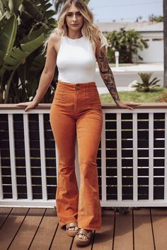 High Waist Corduroy Pants Outfit, Free People Flare Pants, Free People Corduroy Pants, Rust Flare Pants Outfit, Orange Courderoy Pants Outfits, Orange Flare Pants Outfit, Free People Outfits 2023, Cordoury Pants Outfits, Corduroy Bell Bottoms Outfit