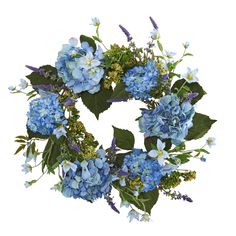 a wreath with blue flowers and green leaves