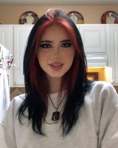 Red Hair Ideas For Long Hair, Black Hair With Bright Red Underneath, Under Hair Dye Sectioning, What Colors Go Best With Blonde Hair, Split Dye Hairstyle, Ways To Part Hair To Dye, Long Black Hair With Red Underneath, Black And Red Hair Underneath, Black Hair With Red Underneath Wolfcut