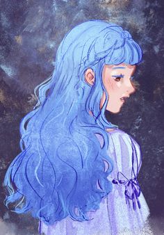 a drawing of a girl with blue hair and long, wavy hair wearing a purple dress