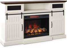 a white entertainment center with a fireplace and fire in the middle on an isolated white background